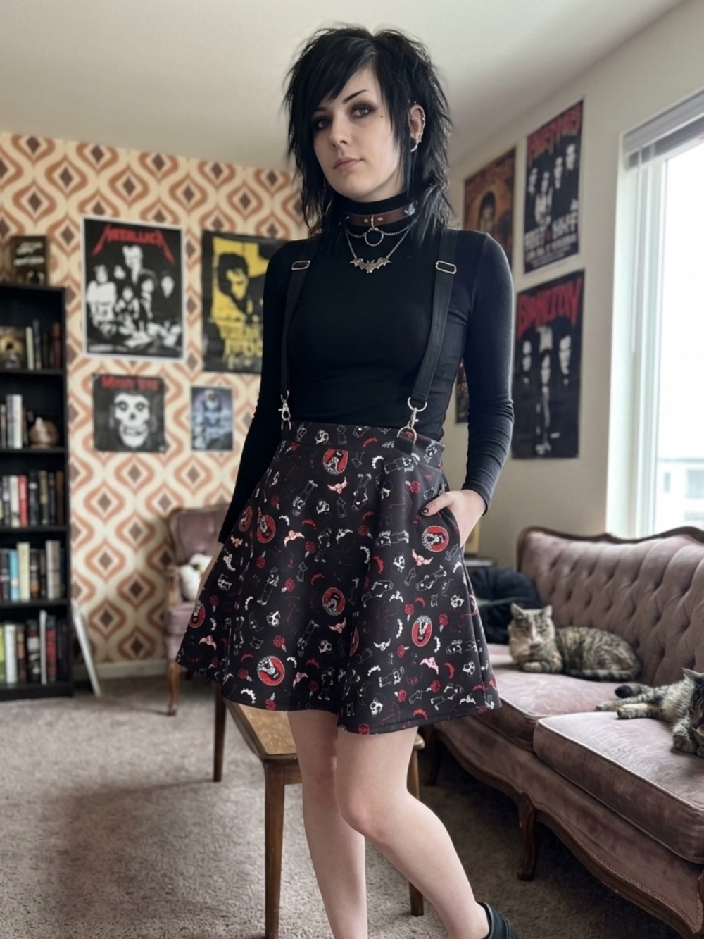 Emily the strange Skater Skirt with Red Printed Motif